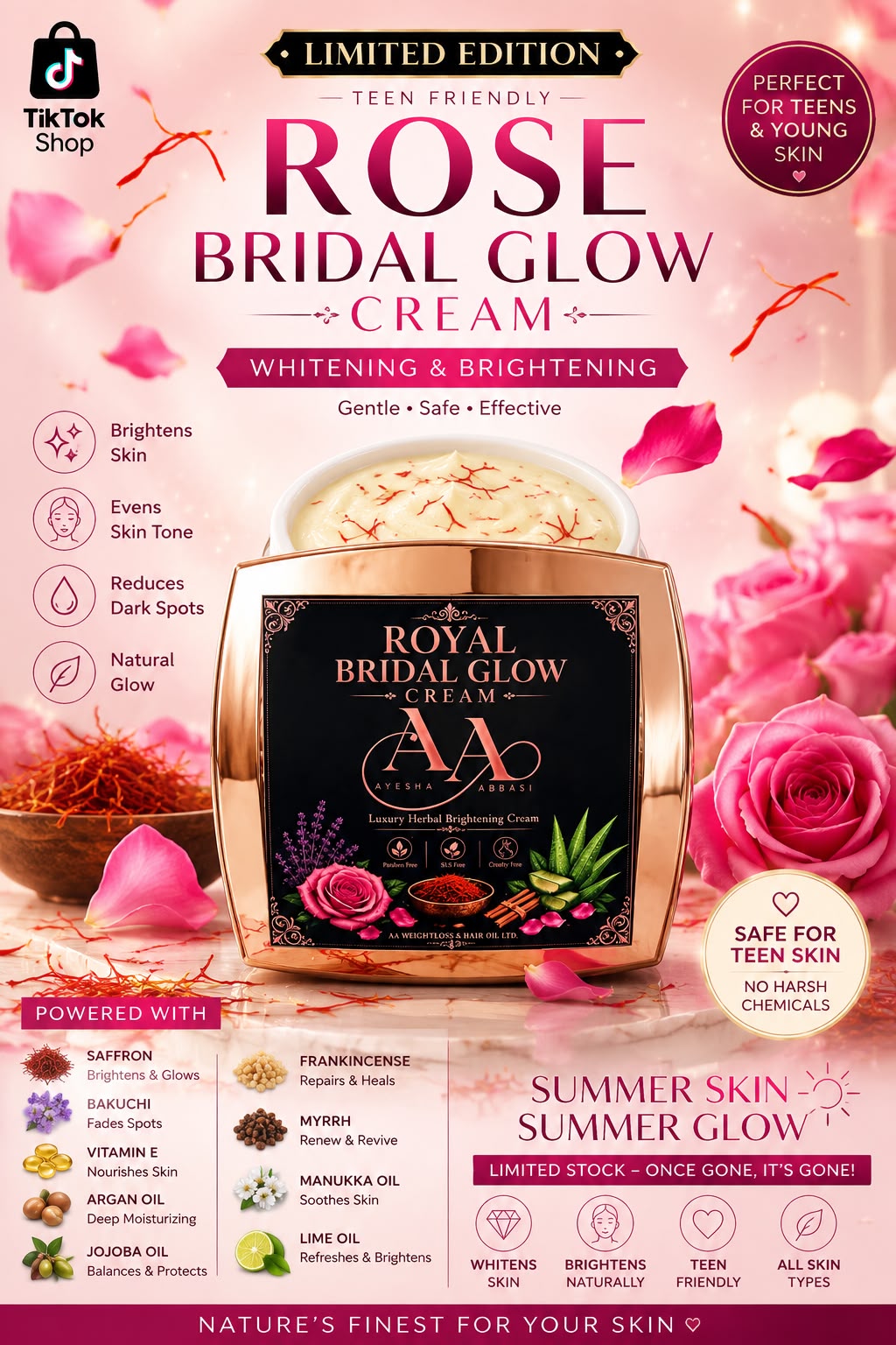 Bridal Glow whitening Cream  Crafted with Rosehip, Bakuchiol, Green Tea, Frankincense, Myrrh & Saffron for a radiant, healthy-looking glowy skin  Lightweight