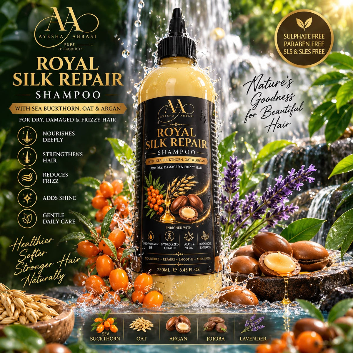 Royal hair Repair Shampoo 250ml - Nourish Smooth Shine for Dry Damaged Frizzy Hair with Sea Buckthorn Oat Argan Pro-Vitamin B5 Hydrolyzed Keratin