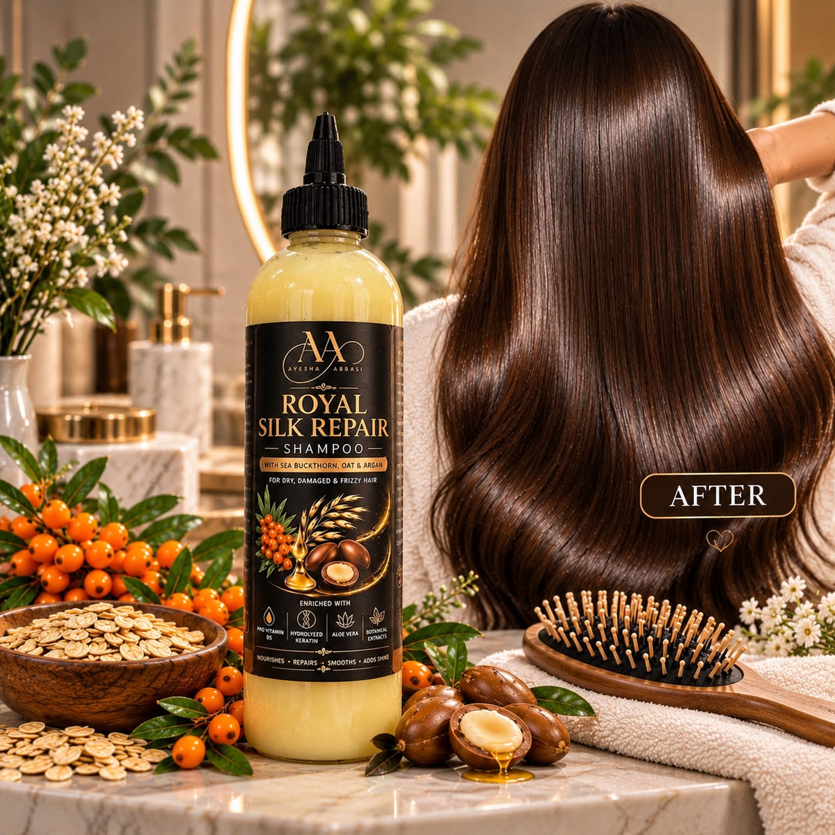 Royal hair Repair Shampoo 250ml - Nourish Smooth Shine for Dry Damaged Frizzy Hair with Sea Buckthorn Oat Argan Pro-Vitamin B5 Hydrolyzed Keratin