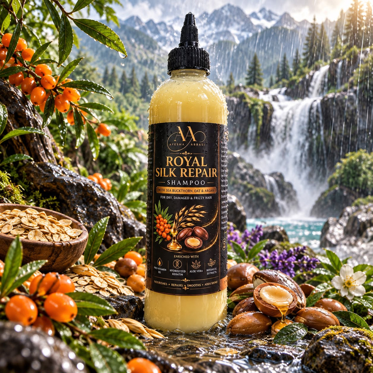 Royal hair Repair Shampoo 250ml - Nourish Smooth Shine for Dry Damaged Frizzy Hair with Sea Buckthorn Oat Argan Pro-Vitamin B5 Hydrolyzed Keratin