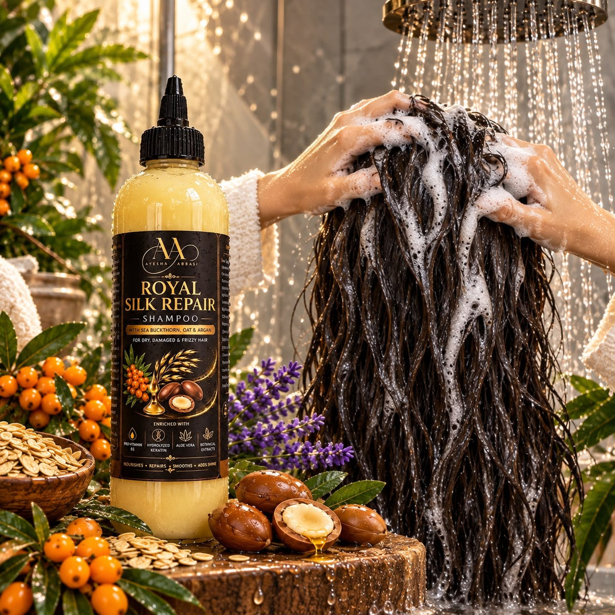 Royal hair Repair Shampoo 250ml - Nourish Smooth Shine for Dry Damaged Frizzy Hair with Sea Buckthorn Oat Argan Pro-Vitamin B5 Hydrolyzed Keratin