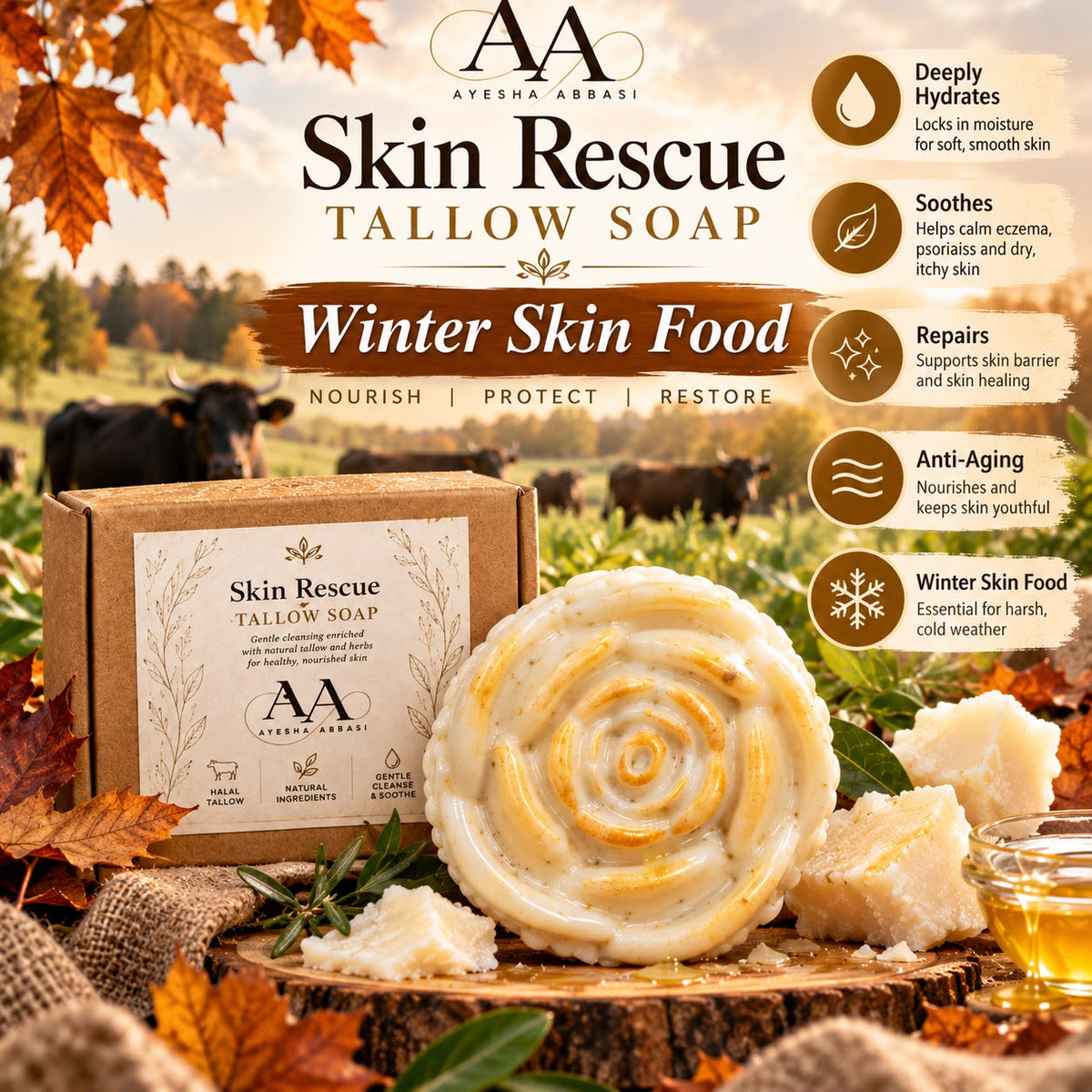 AA Skin Rescue Tallow Soap Winter Skin Food Halal Grass-Fed Beef Tallow Moisturising Oils Oatmeal Goat Milk Honey Handmade